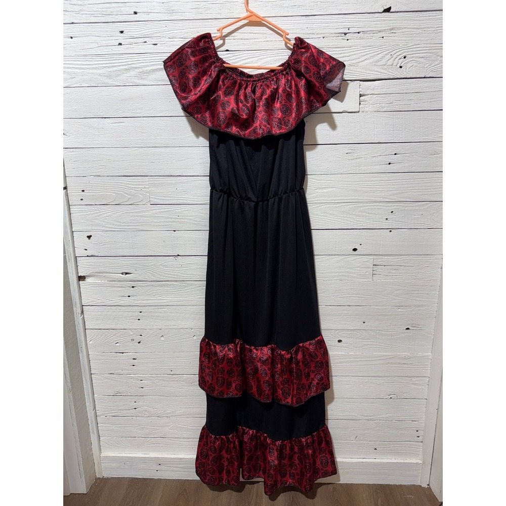 Day of the Dead Sugar Skull Maxi Dress Red Black Women XL Halloween